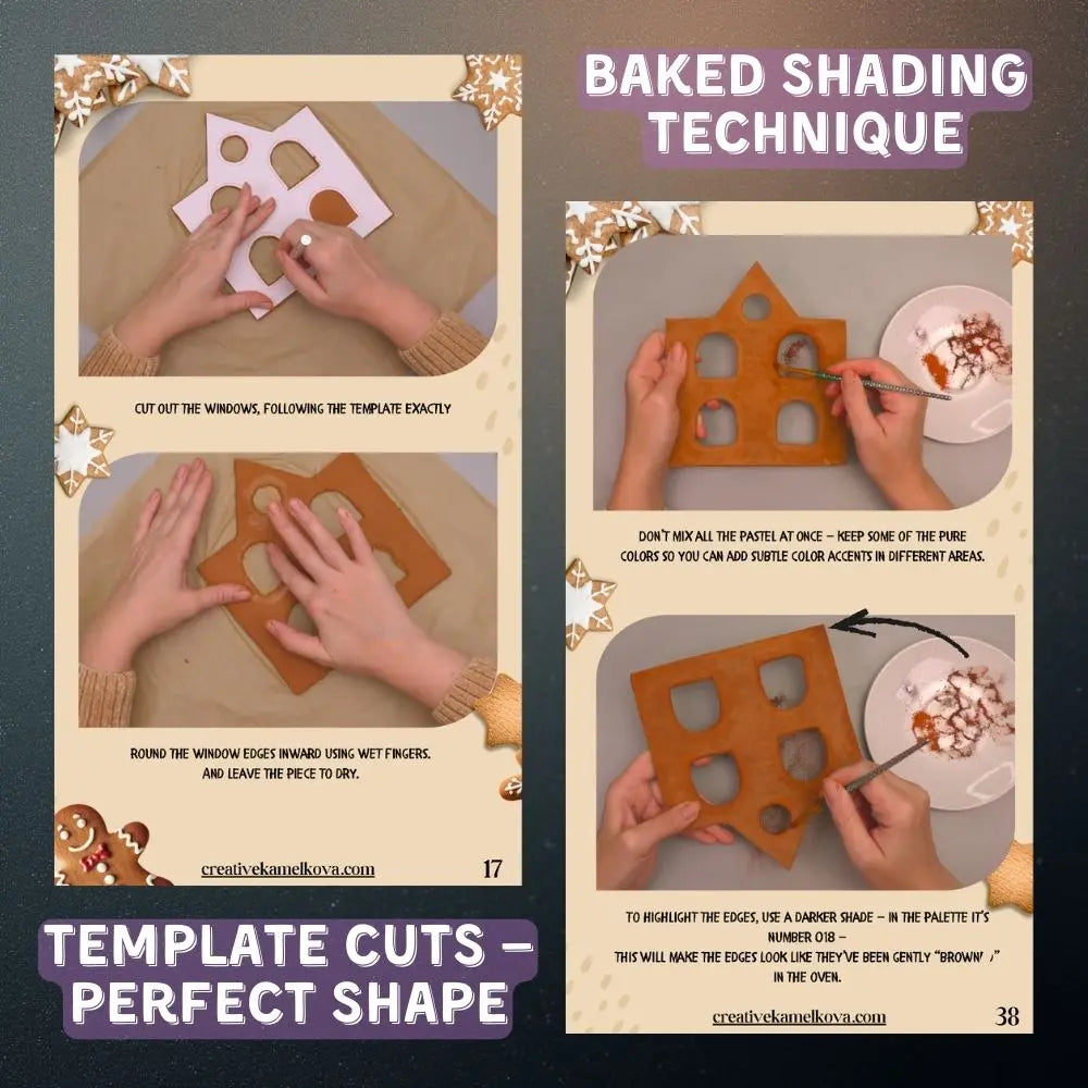 Cutting house shapes using printable templates and adding baked shading to papier-mâché gingerbread pieces