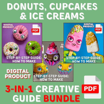 Promo image for 3-in-1 creative PDF guide bundle – donuts, cupcakes, ice cream