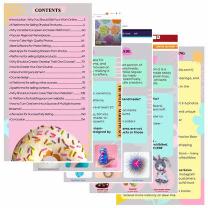 Collage of various product listings and promotional images with colorful text and graphics.
