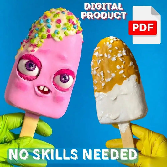 Papier-mâché popsicle characters with colorful toppings – funny DIY craft from digital PDF guide, no sculpting skills 