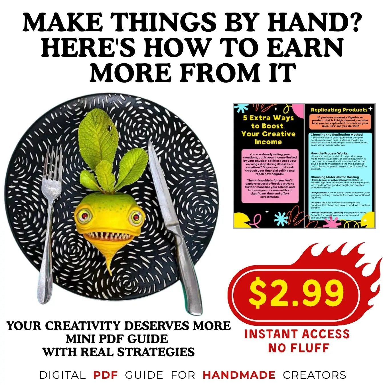 Promo image for PDF guide "5 Extra Ways to Boost Your Creative Income" – digital resource for handmade creators