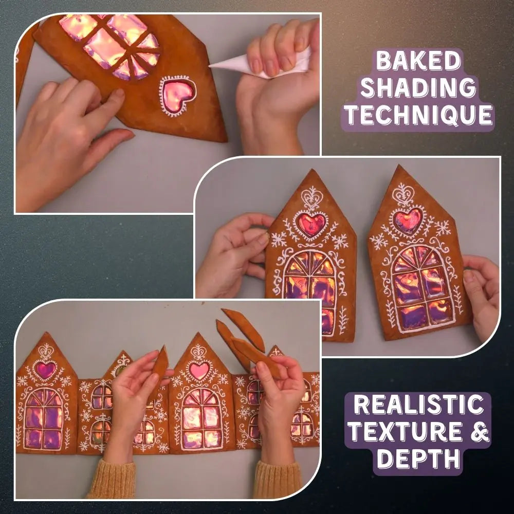 Baked shading technique on paper mache gingerbread house for realistic texture and depth