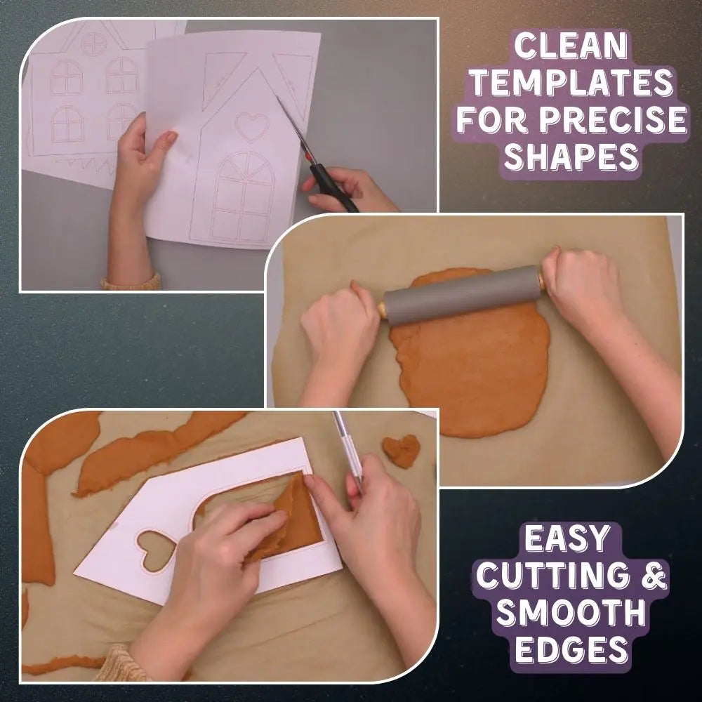 Step-by-step assembly of paper mache gingerbread house with windows, details, and structure