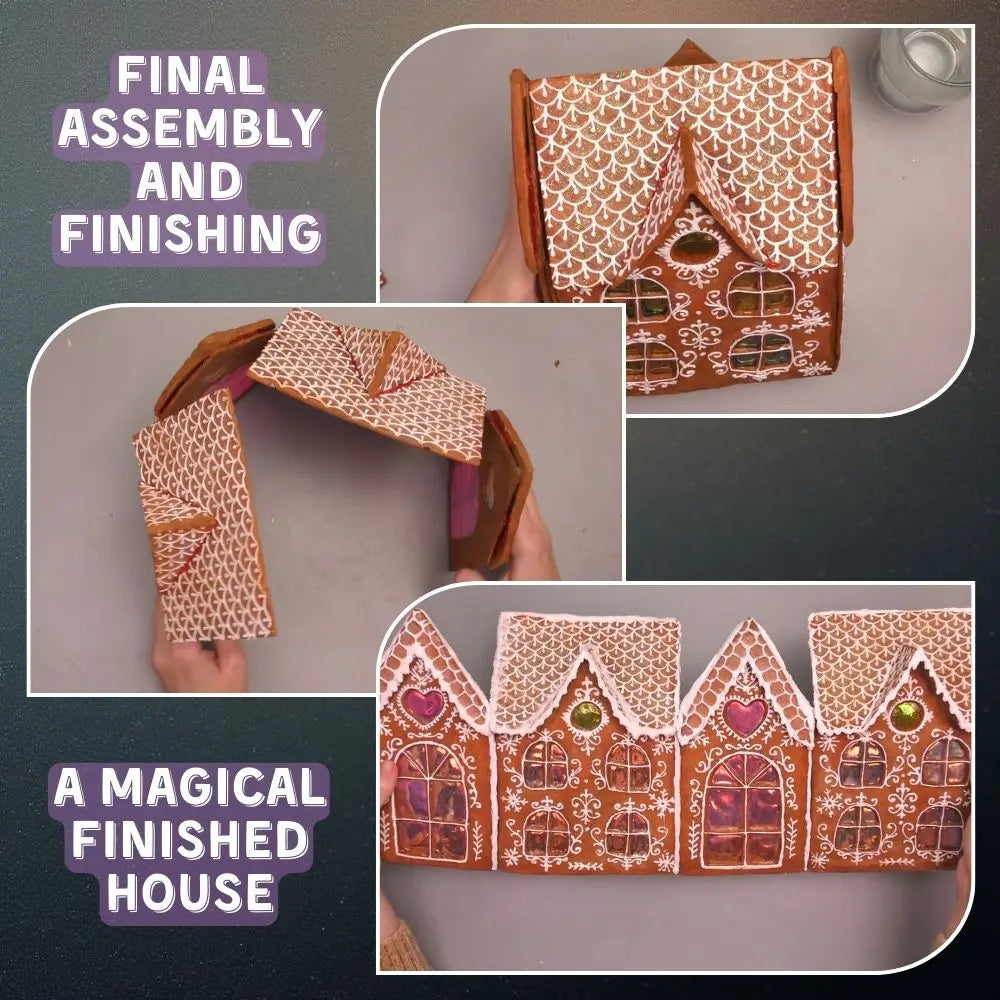 Final assembly and finished paper mache gingerbread house with decorative details and lighting