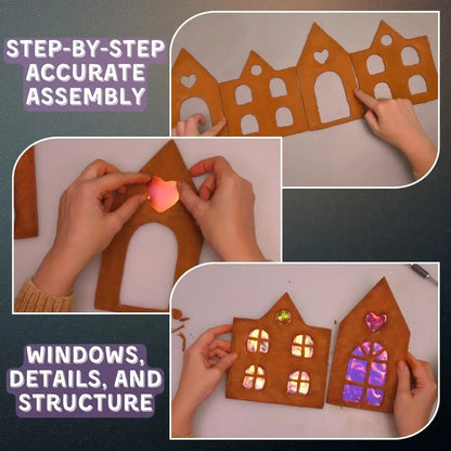 Step-by-step assembly of paper mache gingerbread house with windows, details, and structure
