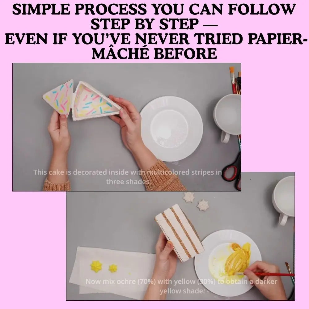 step by step papier mache cake box tutorial showing how to build and paint a realistic cake slice craft
