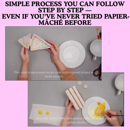 step by step papier mache cake box tutorial showing how to build and paint a realistic cake slice craft