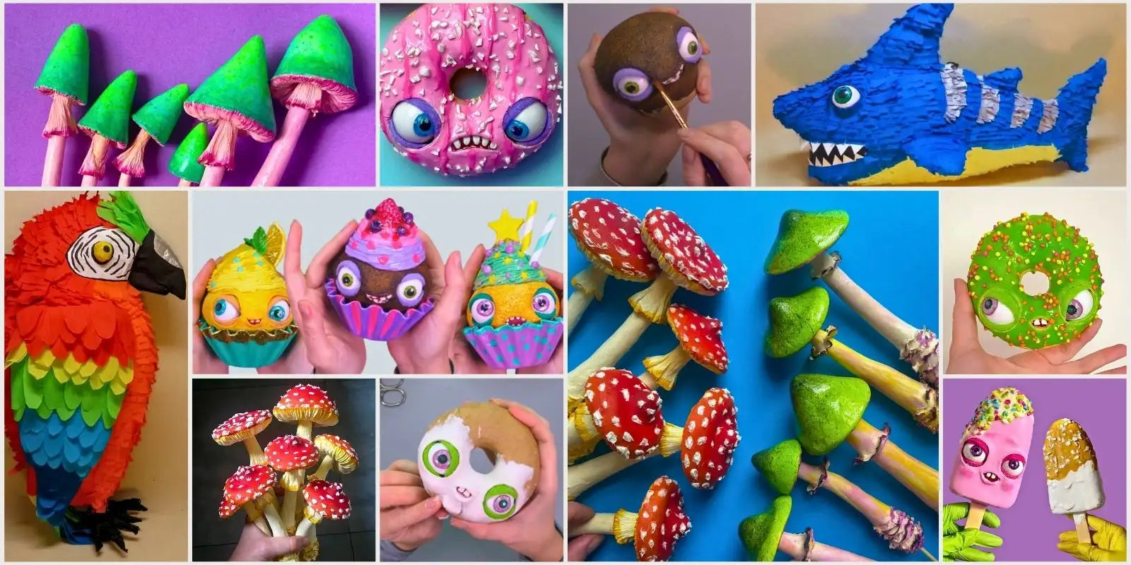 Colorful papier-mâché DIY collage – donuts, mushrooms, cupcakes, piñatas and ice creams