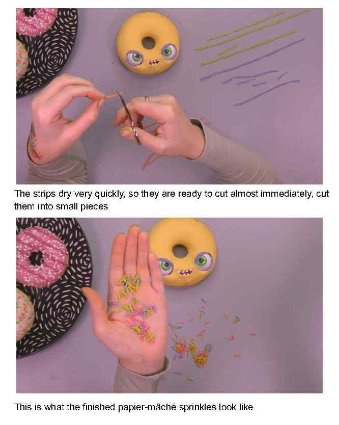 Creating colorful papier-mâché sprinkles for decorating a handmade donut – fun DIY activity for kids and classrooms