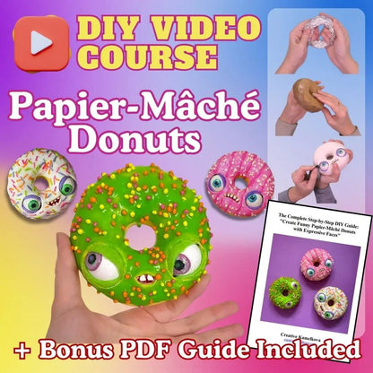 papier-mâché donut video course, bright green donut with heart cutout, googly eyes and sprinkles, includes PDF bonus tutorial