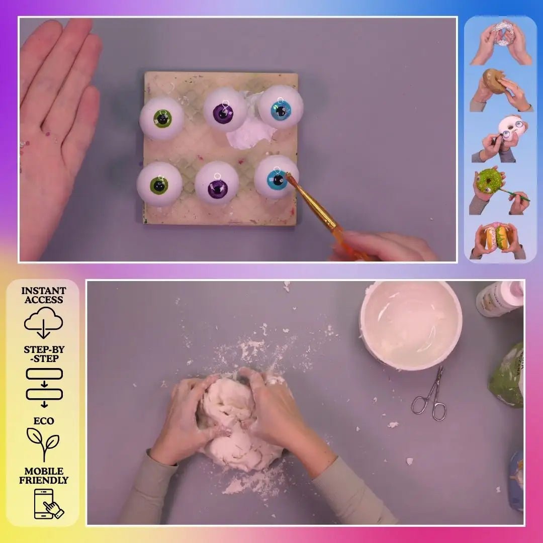 papier-mâché donut – arranging googly eyes and preparing papier-mâché paste for crafting