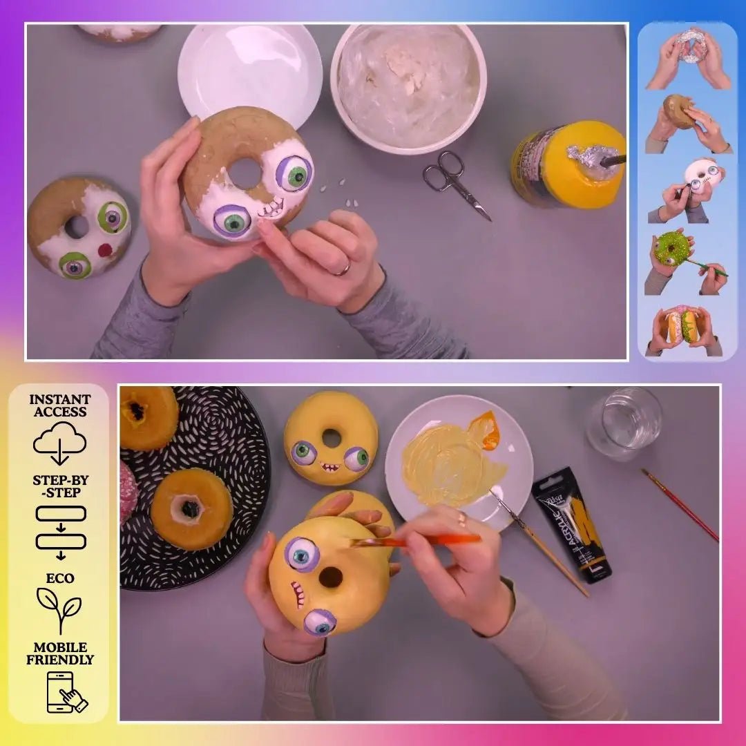 papier-mâché donut – sculpting facial details and applying base color on handmade donut craft