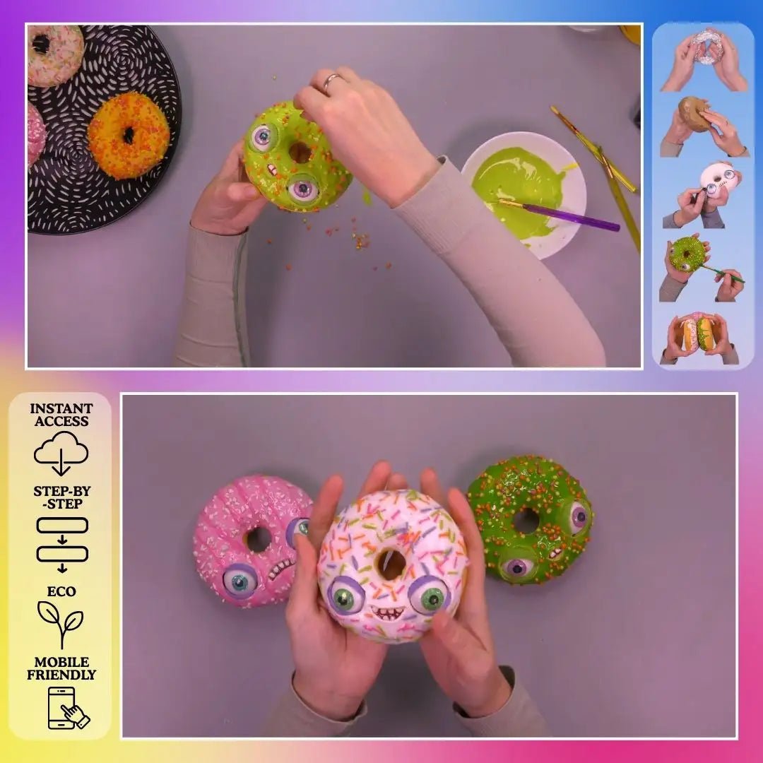 papier-mâché donuts – fully decorated pink and green donuts with googly eyes, finished DIY project