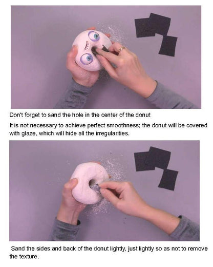 Sanding the papier-mâché donut shape to remove imperfections before decorating – beginner-friendly craft guide