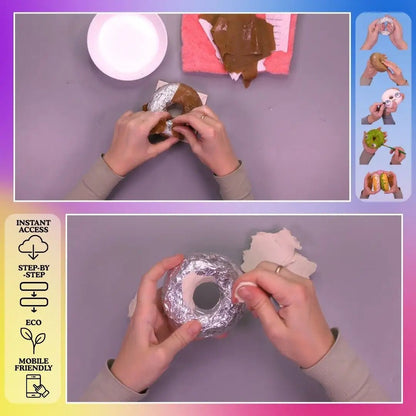 papier-mâché donut – shaping aluminum foil into donut form and wrapping with paper strips, base craft stage
