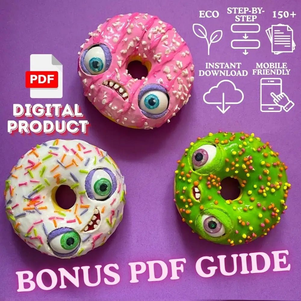papier-mâché donuts – pink, white and green donuts with googly eyes and colorful sprinkles, bonus PDF included
