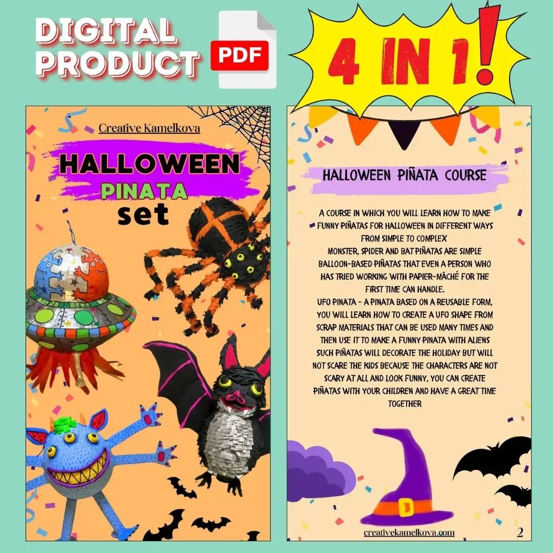 Preview of Halloween piñata guide PDF – front and back cover showing included projects and instructions