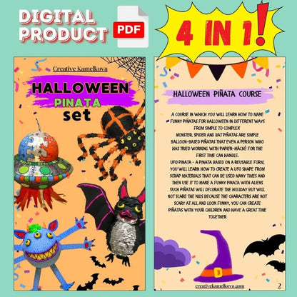 Preview of Halloween piñata guide PDF – front and back cover showing included projects and instructions