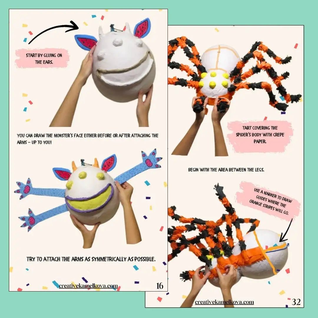 Step-by-step Halloween piñata instructions – unicorn and spider papier-mâché figures with text bubbles