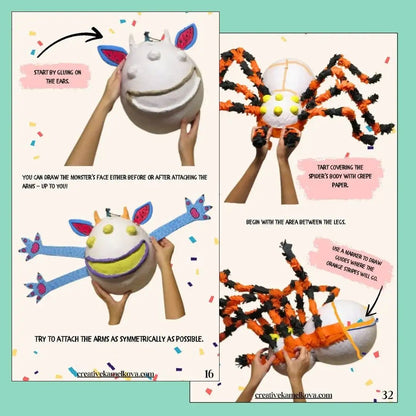 Step-by-step Halloween piñata instructions – unicorn and spider papier-mâché figures with text bubbles