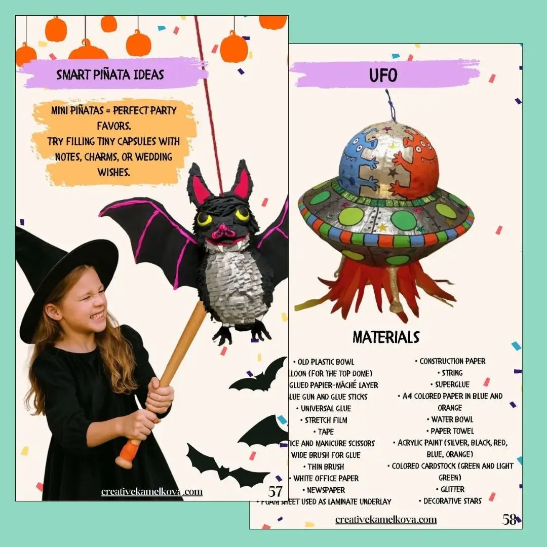 Halloween piñata materials page – papier-mâché bat and UFO with list of supplies and example photo