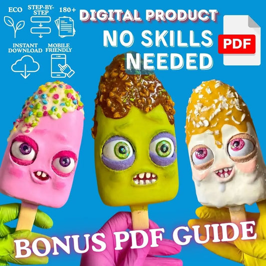 Finished papier-mâché ice-cream popsicle characters — digital product, no skills needed, bonus PDF guide.