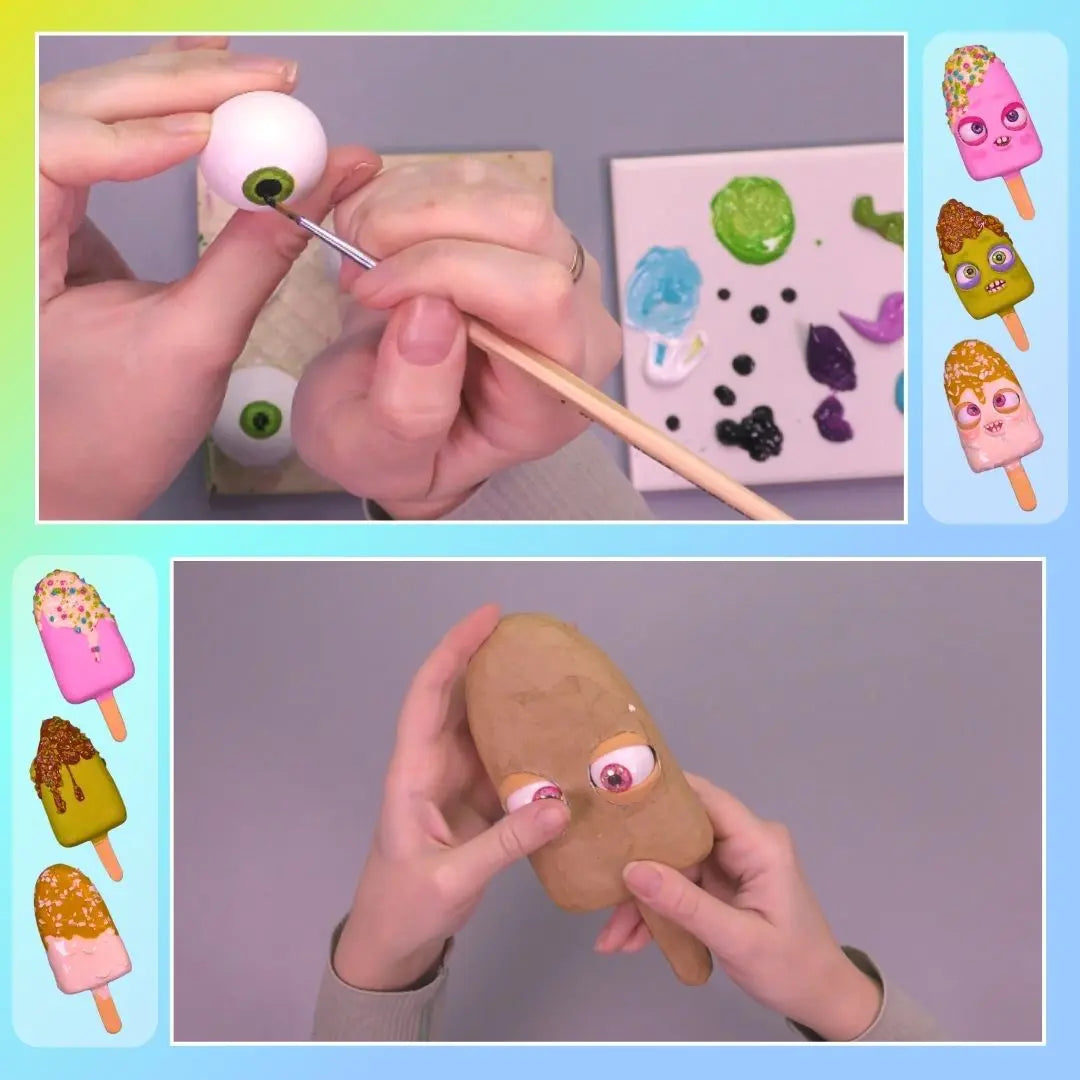 Painting craft eyes and test-fitting them into the papier-mâché ice-cream head before covering
