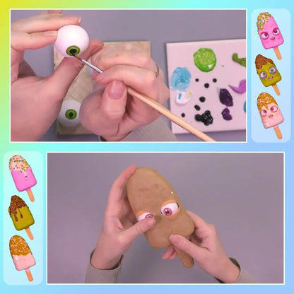 Painting craft eyes and test-fitting them into the papier-mâché ice-cream head before covering