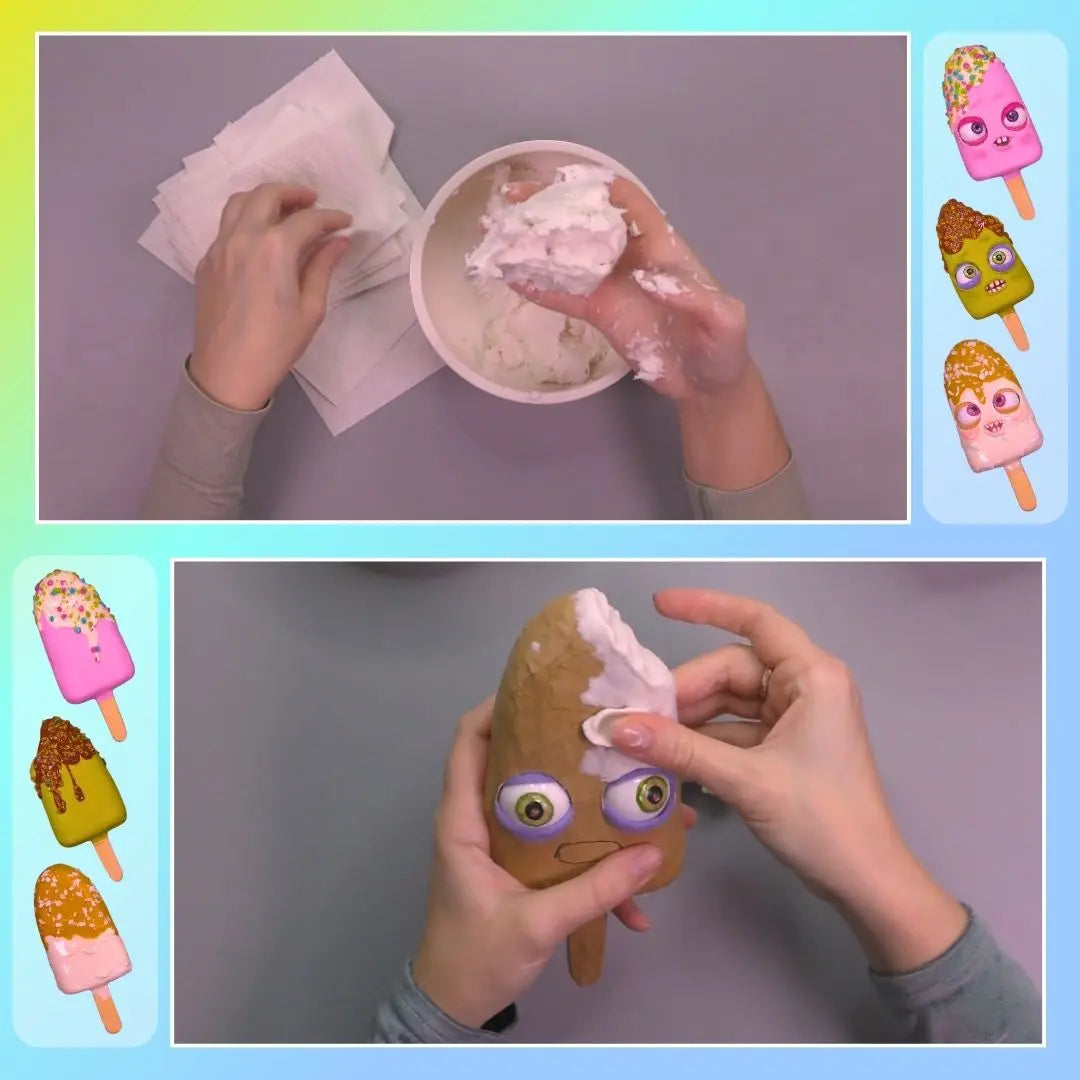 Adding papier-mâché pulp to shape the ice-cream popsicle with raised features and space for moving eyes