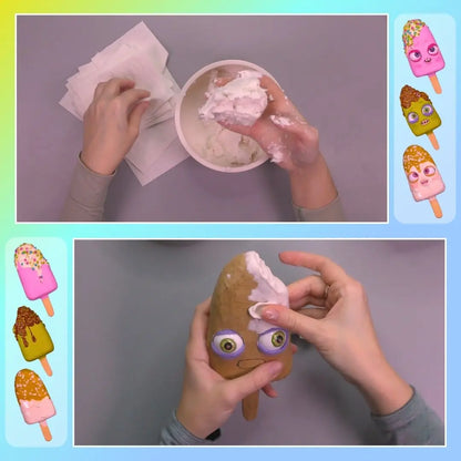 Adding papier-mâché pulp to shape the ice-cream popsicle with raised features and space for moving eyes