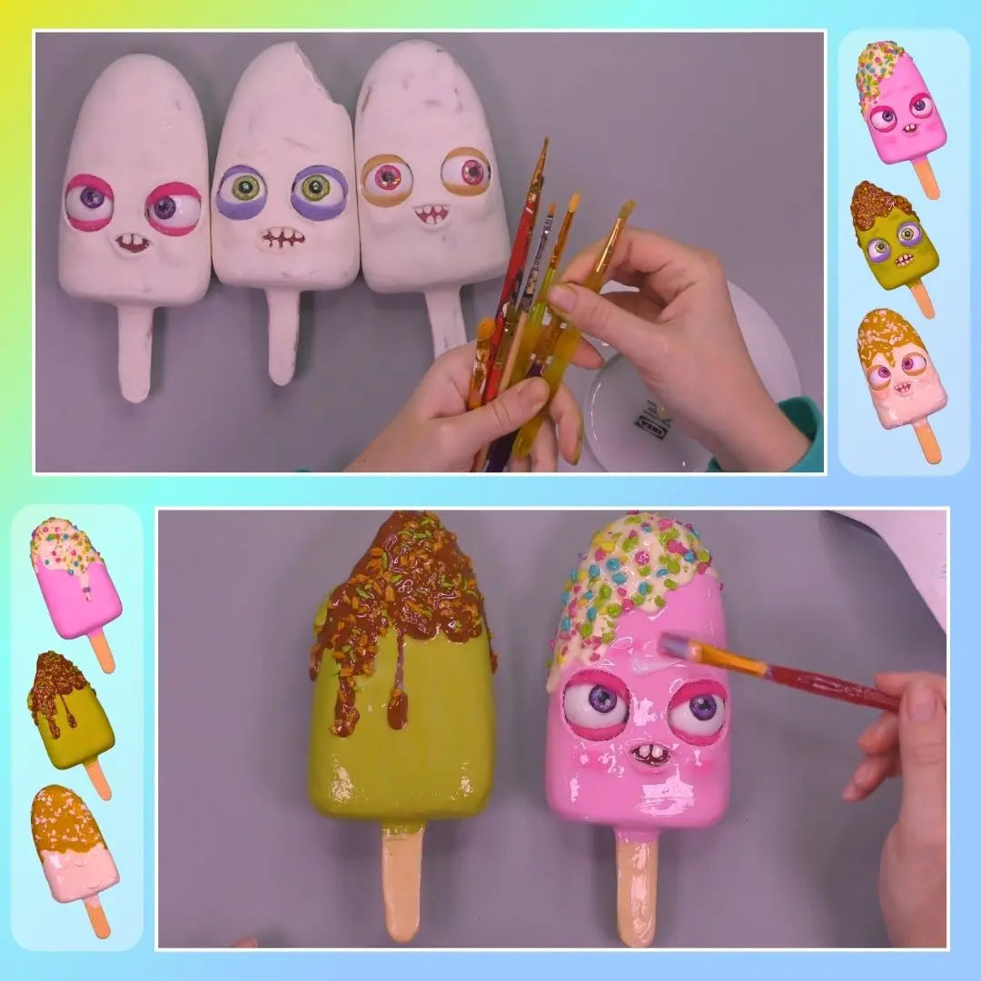 Painting glaze and sprinkles on papier-mâché ice-cream popsicles — finishing color details