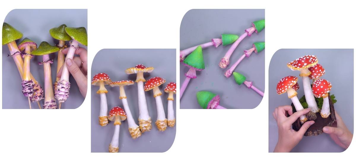 Three papier-mâché mushroom sets with colorful fantasy caps – DIY crafting project for kids and creatives