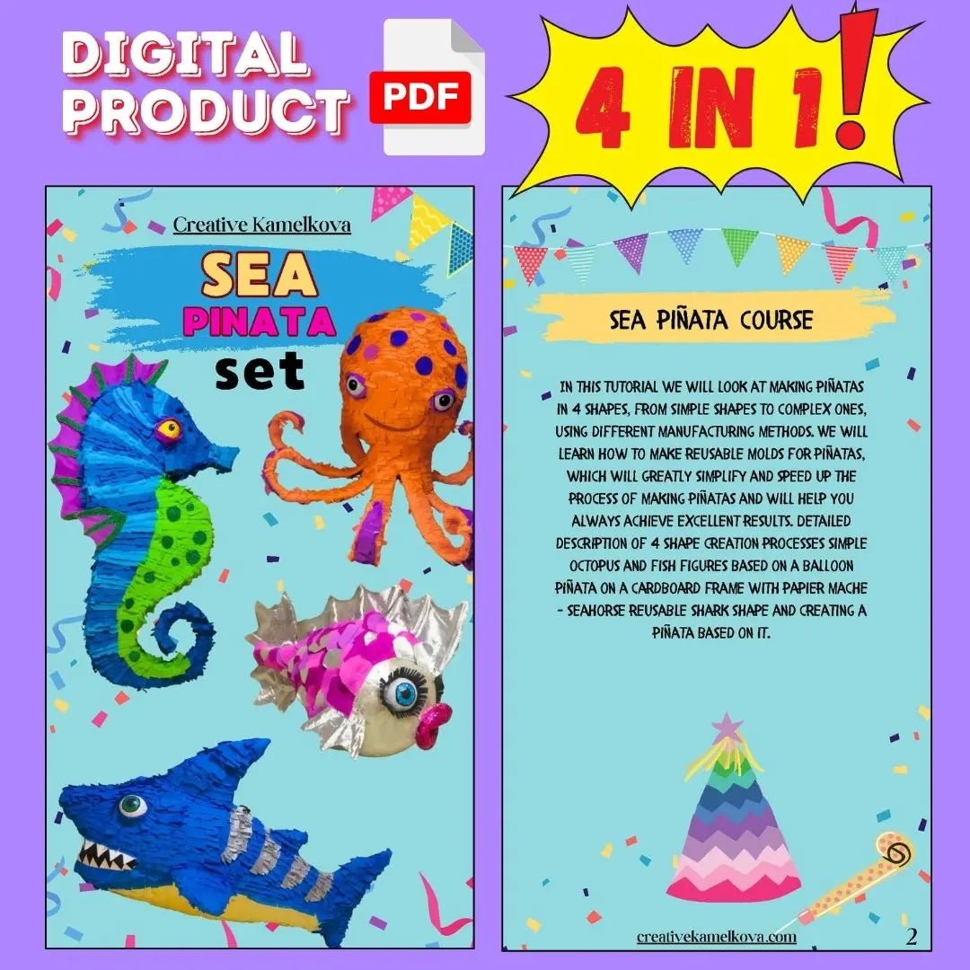 Cover image for Sea Piñata Set – fish, shark, seahorse, octopus papier-mâché piñatas – DIY PDF guide for parties and crafts