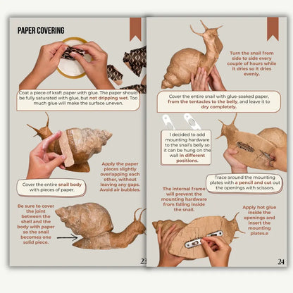 Photo instructions for covering the cardboard snail frame with kraft paper