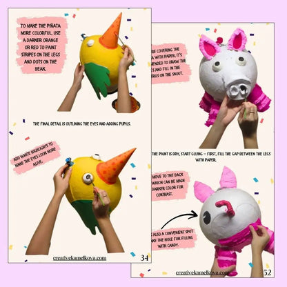 Step-by-step instructions for making Party Bird and Pig piñatas from Easy Piñata Set