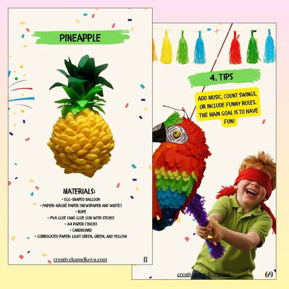 Parrot piñata activity and pineapple materials – pages from the Tropical Piñata Set. Fun papier-mâché craft for kids.