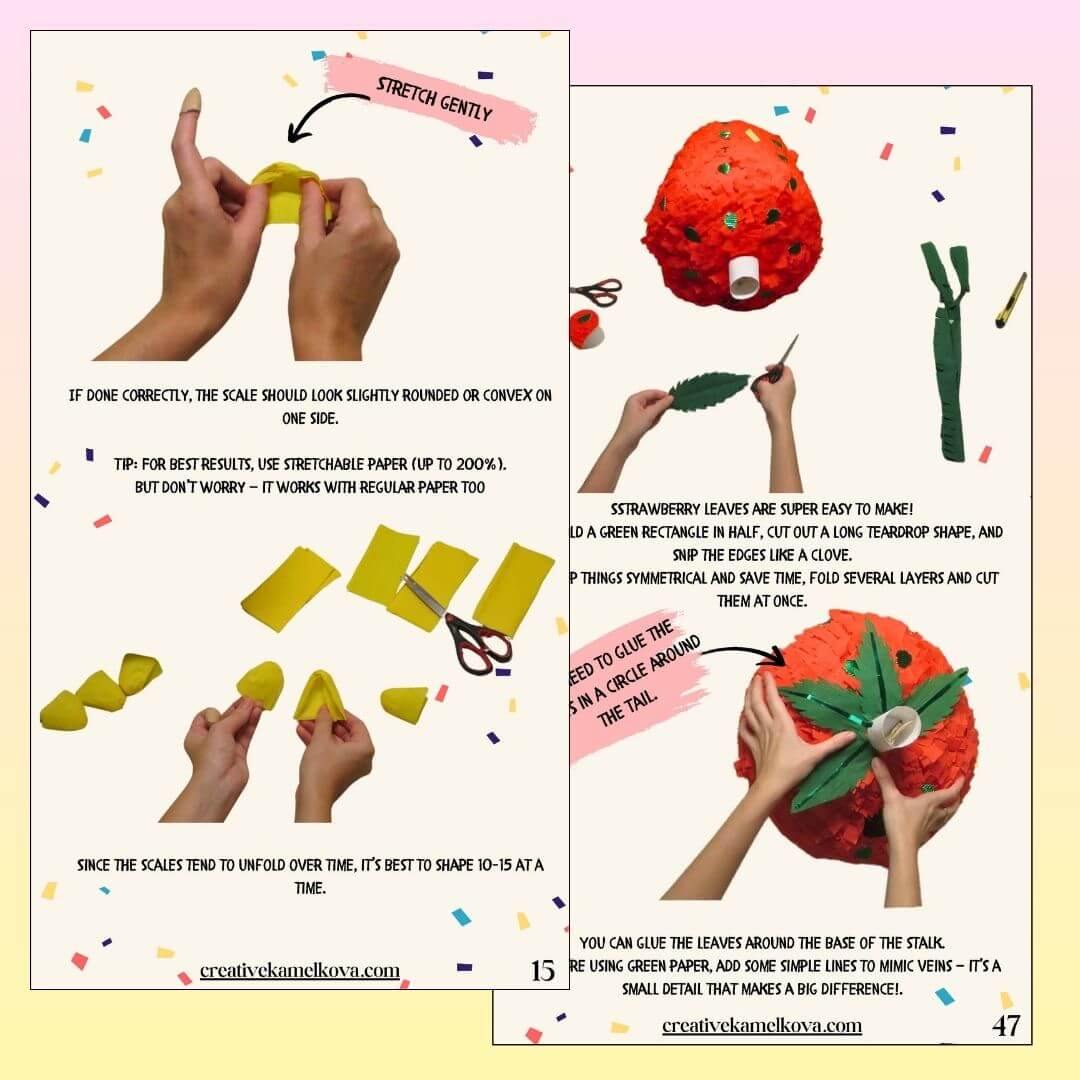 Instructions for pineapple scales and strawberry leaves – step-by-step pages from the Tropical Piñata Set papier-mâché guide.
