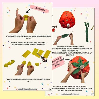 Instructions for pineapple scales and strawberry leaves – step-by-step pages from the Tropical Piñata Set papier-mâché guide.