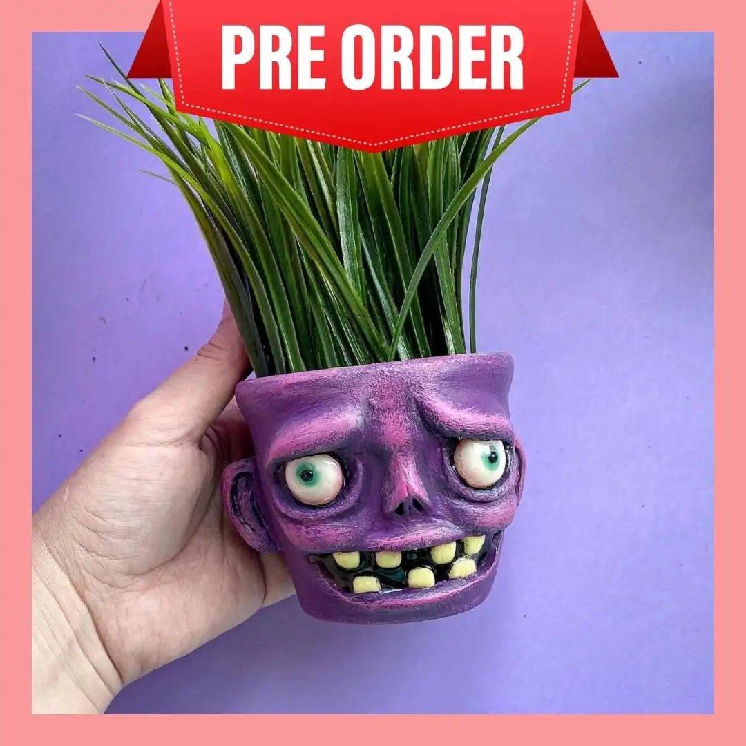 Pre-order promo for purple monster flower pot sculpture