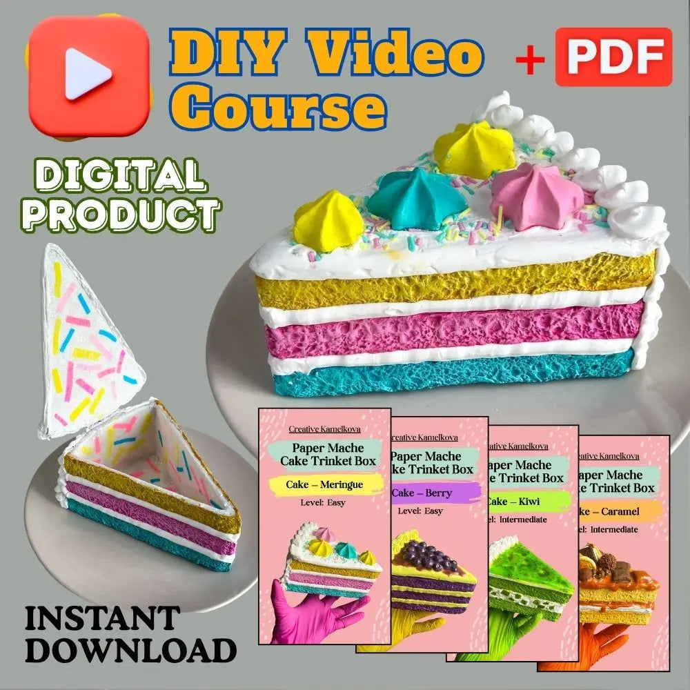 DIY realistic cake trinket box tutorial with video and PDF guide, colorful handmade fake cake slice that opens for storage