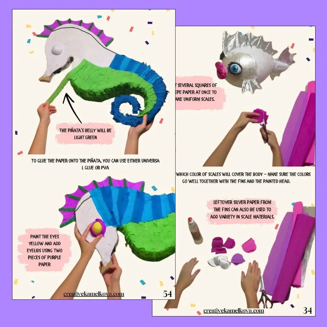 Step-by-step tutorial pages for seahorse and fish piñatas – papier-mâché guide with colored paper, glue, and crafting tips