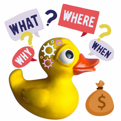 Duck character with icons and text – What, Where, Why, When