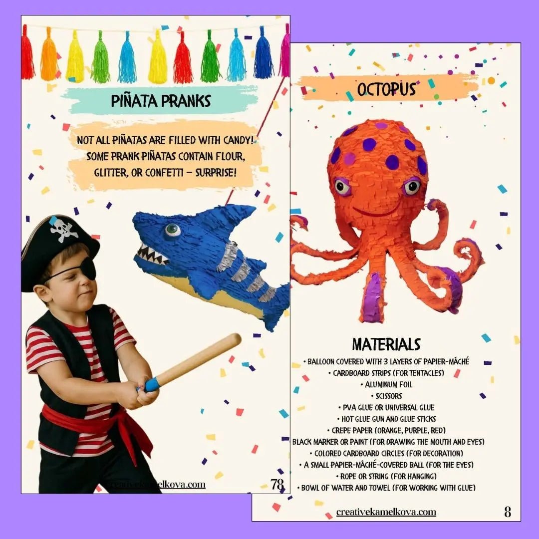 Shark and octopus papier-mâché piñatas – child hitting shark piñata, octopus materials page from DIY PDF guide